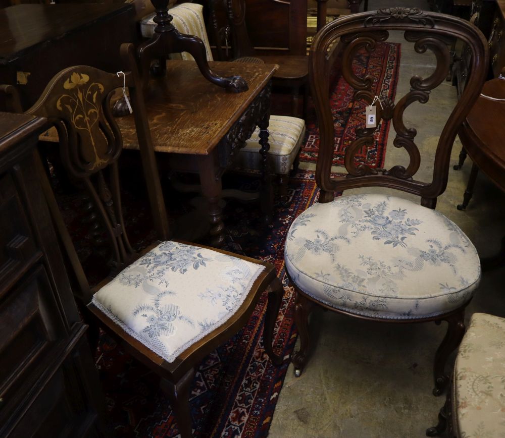 An Art Nouveau style Edwardian inlaid mahogany salon chair and an early Victorian carved rosewood salon chair (2)